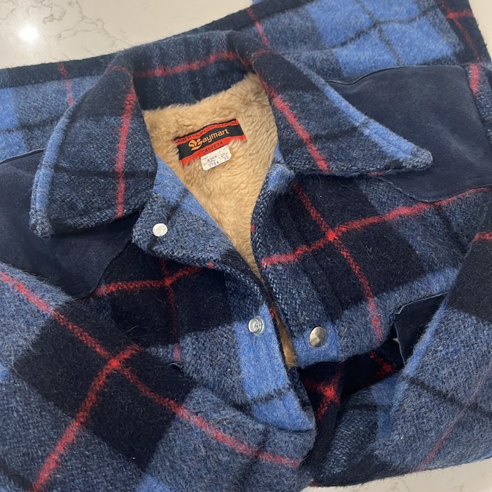 Vintage Bay plaid suede/wool/sherpa coat